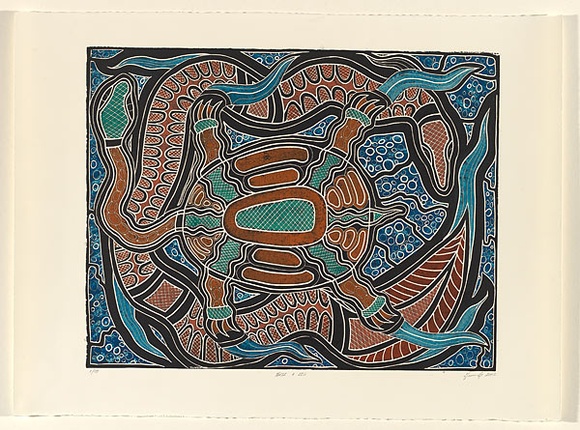 Artist: b'Edmondstone, Kevin.' | Title: b'Turtle and eel' | Date: 2002 | Technique: b'linocut, printed in colour, from one block'