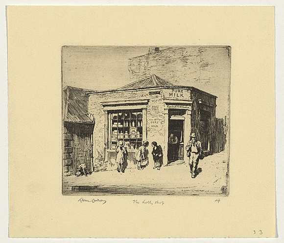 Artist: b'LINDSAY, Lionel' | Title: b'The lolly shop, Essex Street, The Rocks' | Date: 1923 | Technique: b'etching and foul biting, printed in brown ink, from one plate' | Copyright: b'Courtesy of the National Library of Australia'