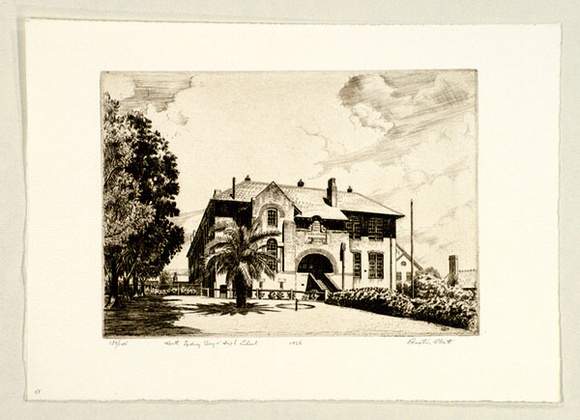 Artist: b'PLATT, Austin' | Title: b'North Sydney Boys High School' | Date: 1936 | Technique: b'etching, printed in black ink, from one plate'