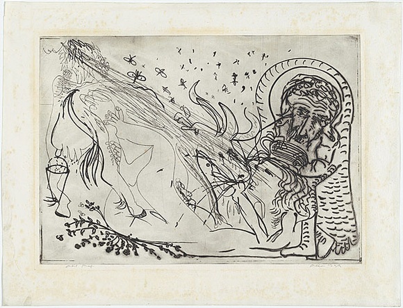 Artist: b'BOYD, Arthur' | Title: b'Reclining figure with white haired potter and cow.' | Date: (1968-69) | Technique: b'etching, printed in black ink, from one plate' | Copyright: b'Reproduced with permission of Bundanon Trust'