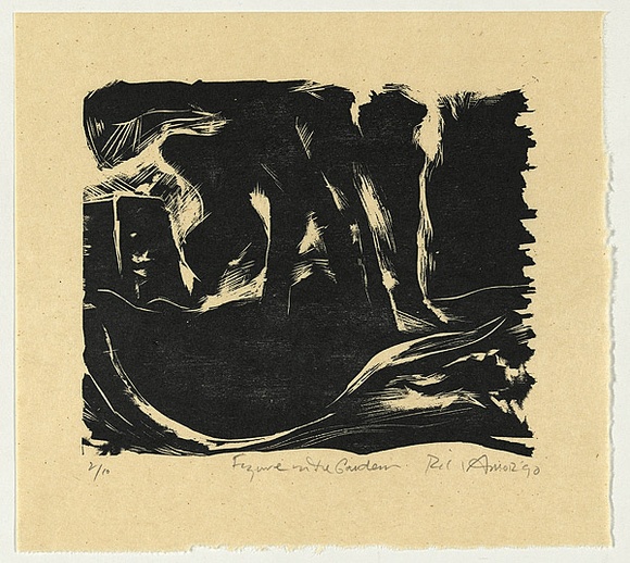 Artist: b'AMOR, Rick' | Title: b'Figure in the garden.' | Date: 1990 | Technique: b'woodcut, printed in black ink, from one block'