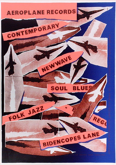 Artist: ARNOLD, Raymond | Title: Aeroplane records. Contemporary, Newwave, Soul Blues, Folk Jazz, Rego, Bidencopes Lane. | Date: 1986 | Technique: screenprint, printed in colour, from six stencils