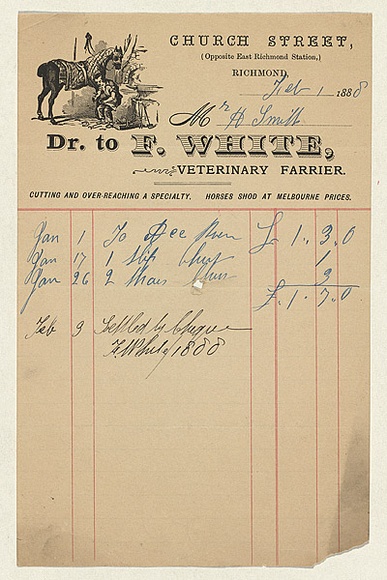 Title: Bill head for F. White veterinary farrier | Date: 1880s | Technique: wood-engraving, printed in black ink, from one block; letterpress