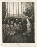 Artist: b'Wigley, James.' | Title: b'McLeod and mob in jail' | Date: c.1956 | Technique: b'etching, printed in black ink, from one plate'