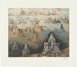 Artist: Schmeisser, Jorg. | Title: Chorten landscape | Date: 1986 | Technique: softground-etching, aquatint and spitbite, printed in colour, from two plates | Copyright: © Jörg Schmeisser
