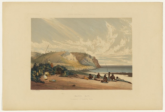 Artist: b'Angas, George French.' | Title: b'Rapid Bay, encampment of Yankalilla.' | Date: 1846-47 | Technique: b'lithograph, printed in colour, from multiple stones; varnish highlights by brush'