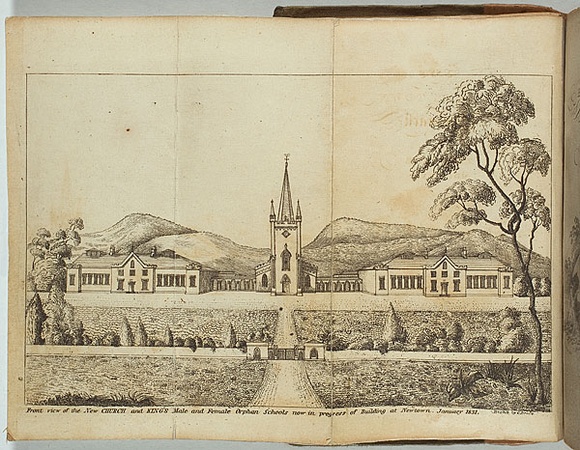 Title: bFront view of the new church and King's male and female orphan schools now in progress of building at Newtown, January 1831. | Date: 1831 | Technique: b'etching, printed in black ink, from one plate'