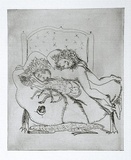 Artist: b'BOYD, Arthur' | Title: b'(Figures on a bed with a spider and a tea cup) (variant II).' | Date: 1970 | Technique: b'etching, printed in black ink, from one plate' | Copyright: b'Reproduced with permission of Bundanon Trust'