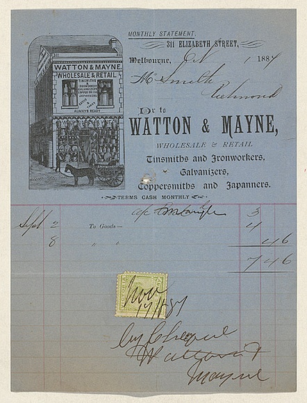 Title: b'Bill head for Watton & Mayne wholesale & retail' | Date: 1880s | Technique: b'engraving, printed in black ink, from one plate; letterpress'