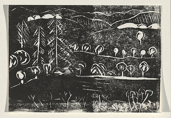 Title: Card: [landscape with pine trees] | Technique: linocut, printed in black ink, from one block