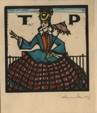 Artist: b'FEINT, Adrian' | Title: b'Bookplate: T P [Thea Proctor].' | Date: 1926 | Technique: b'wood-engraving, printed in black ink, from one block; hand-coloured' | Copyright: b'Courtesy the Estate of Adrian Feint'