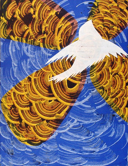 Artist: b'Tilley, Lorna.' | Title: b'(Poster of two bird and waves)' | Date: 1973 | Technique: b'screenprint, printed in colour, from multiple stencils'