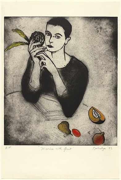 Artist: b'Kjar, Barbie.' | Title: b'Marise with fruit' | Date: 1993 | Technique: b'drypoint, printed in black ink, from one plate; hand-coloured with pastel'