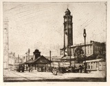 Artist: b'LONG, Sydney' | Title: b'Station Square [1]' | Date: 1927 | Technique: b'line-etching, drypoint printed in brown ink, from one copper plate' | Copyright: b'Reproduced with the kind permission of the Ophthalmic Research Institute of Australia'