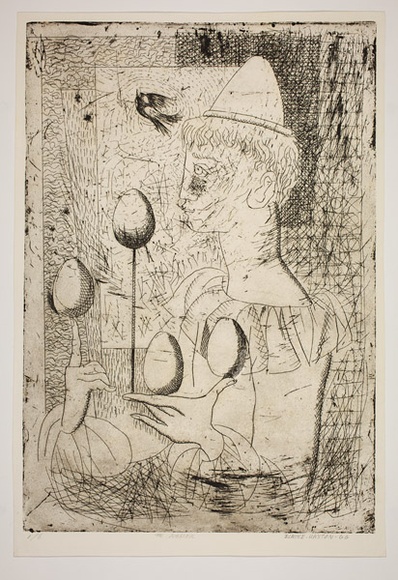 Artist: b'Haxton, Elaine' | Title: b'The juggler' | Date: 1966 | Technique: b'etching and aquatint, printed in black ink, from one plate; touched with pencil'