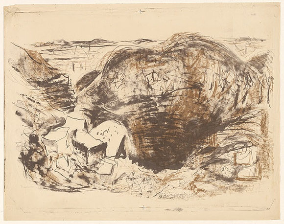 Artist: b'MACQUEEN, Mary' | Title: b'Crater country' | Date: 1959 | Technique: b'lithograph, printed in colour, from two plates in brown and ochre ink' | Copyright: b'Courtesy Paulette Calhoun, for the estate of Mary Macqueen'