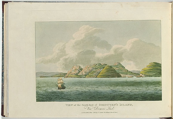 Artist: LYCETT, Joseph | Title: View of the South End of Schouten's Island, Van Diemen's Land. | Date: 1825 | Technique: etching and aquatint, printed in black ink, from one copper plate; hand-coloured