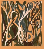 Artist: b'Randell, Fleur.' | Title: b'not titled [plant and human forms]' | Date: 1993 | Technique: b'woodcut, printed in red, white, green and brown ink, from four blocks'