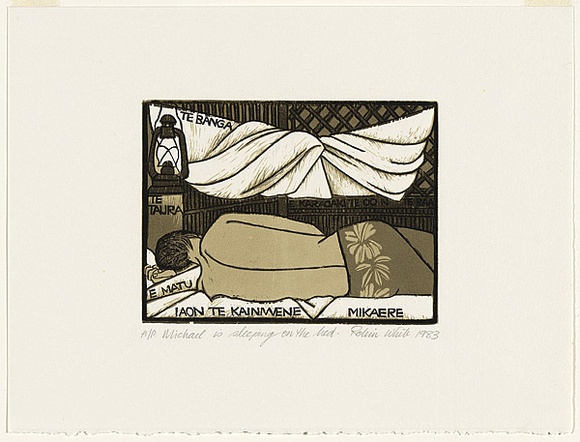 Artist: b'White, Robin.' | Title: b'Michael is sleeping on the bed' | Date: 1983 | Technique: b'woodcut, printed in colour, from four blocks (black and three brown inks)'