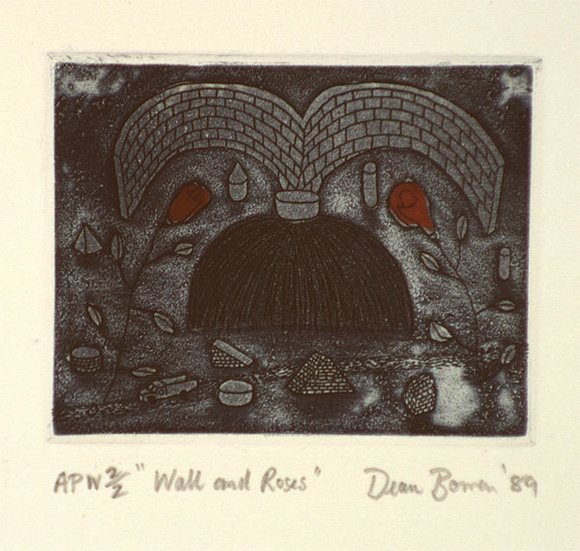 Artist: b'Bowen, Dean.' | Title: b'Wall and roses' | Date: 1989 | Technique: b'etching, printed in blue ink, from one plate'