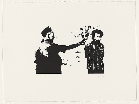 Artist: b'Durrant, Ivan.' | Title: bnot titled [figure pointing gun at man's head - image from the Vietnam war] | Date: 1990 | Technique: b'screenprint, printed in black ink, from one photo-stencil'