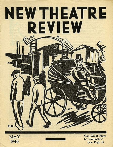 Title: b'New theatre review: May 1946' | Date: April 1946 | Technique: b'linocut, printed in black ink, from one block; letterpress text'