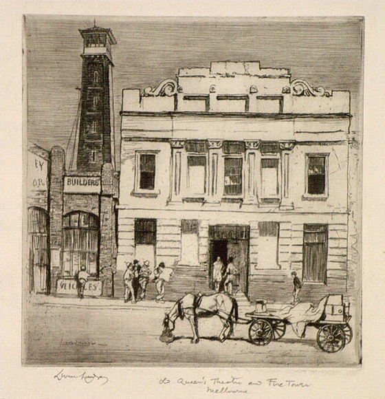 Artist: b'LINDSAY, Lionel' | Title: bOld Queen's Theatre, Queen Street, Melbourne | Date: 1917 | Technique: b'etching, printed in black ink with plate-tone, from one plate' | Copyright: b'Courtesy of the National Library of Australia'