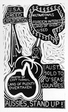 Artist: Bruton, Nevan. | Title: Aussies stand up! (Poster supporting SEC maintenance workers' strike, La Trobe Valley, Victoria, 1977). | Date: (1977) | Technique: linocut, printed in black ink, from one block
