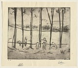 Title: not titled [five figures between tree trunks] | Date: c.1966 | Technique: etching, drypoint and foul-biting, printed in black ink with plate-tone, from one plate