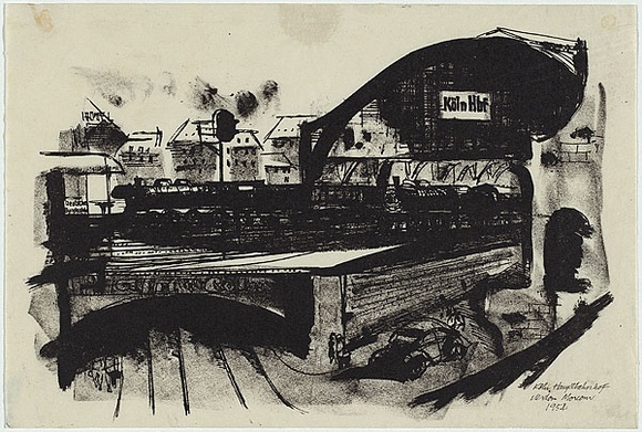 Artist: b'Morcom, Verdon.' | Title: b'Koln Hauptbahnhof' | Date: 1954 | Technique: b'lithograph, printed in black ink, from one plate'