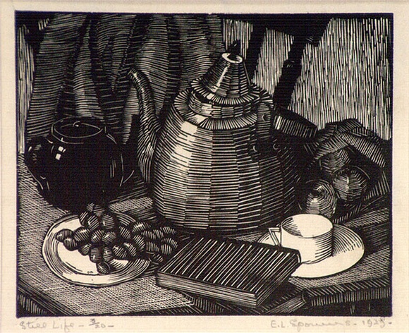 Artist: Spowers, Ethel. | Title: Still life [1]. | Date: 1929 | Technique: wood-engraving, printed in black ink, from one block