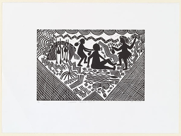 Artist: b'Wilfred, Rex.' | Title: b'Witchdoctor healing sick man' | Date: c.2001 | Technique: b'linocut, printed in black ink, from one block'