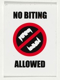 Title: No biting aloud [sticker] | Technique: screenprint, printed in black and red ink, from two stencils