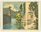 Artist: b'Allport, C.L.' | Title: bLake Como, entrance to Villa d'Este. | Date: c.1928 | Technique: b'linocut, printed in black ink, from one block; hand-coloured'