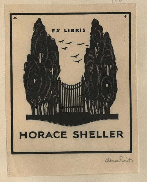 Artist: b'FEINT, Adrian' | Title: b'Bookplate: Horace Sheller.' | Date: (1932) | Technique: b'wood-engraving, printed in black ink, from one block' | Copyright: b'Courtesy the Estate of Adrian Feint'