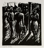 Artist: b'Carter, Maurie.' | Title: b'(Street conversation).' | Date: (1949) | Technique: b'linocut, printed in black ink, from one block'