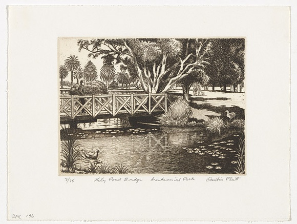 Artist: b'PLATT, Austin' | Title: b'Lily Pond Bridge, Centennial Park' | Date: c.1987 | Technique: b'etching, printed in black ink, from one plate'