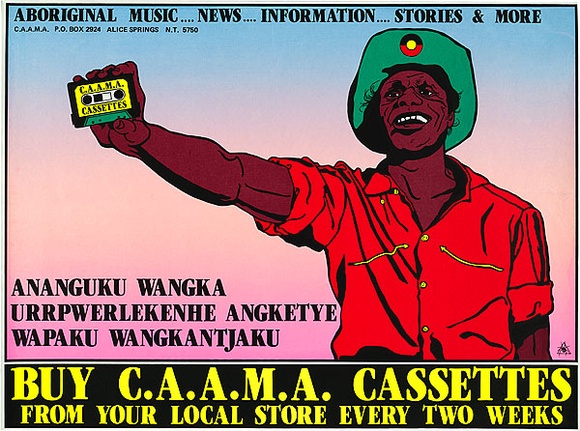 Artist: b'REDBACK GRAPHIX' | Title: b'Buy CAAMA casettes.' | Date: 1984 | Technique: b'screenprint, printed in colour, from six stencils' | Copyright: b'\xc2\xa9 Michael Callaghan'