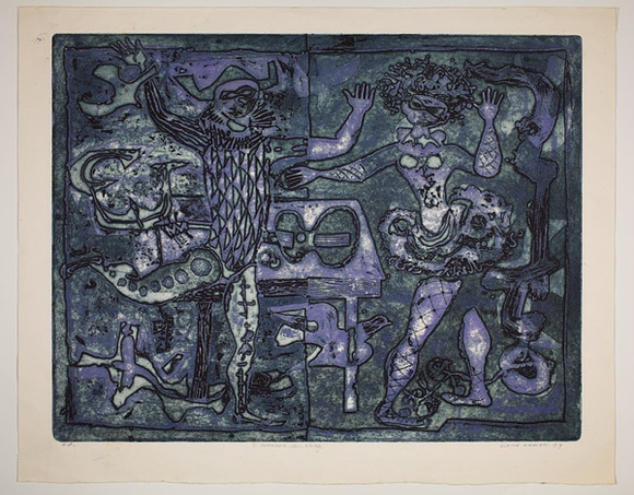 Artist: b'Haxton, Elaine' | Title: b'Commedia del Arte' | Date: 1967 | Technique: b'open-bite etching and aquatint, printed in colour'