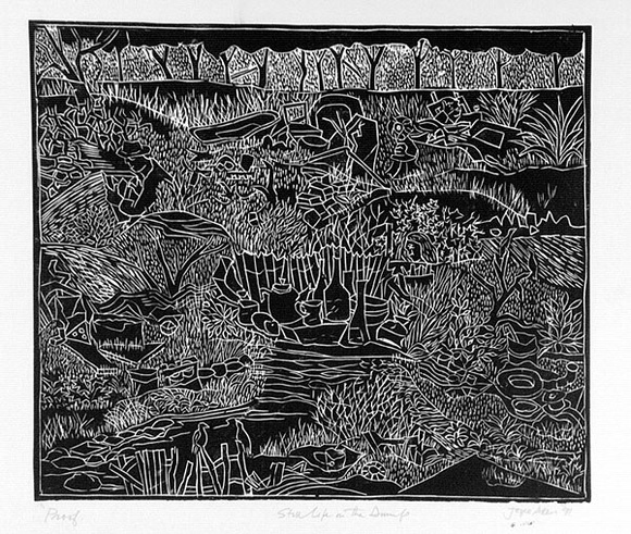 Artist: b'Allen, Joyce.' | Title: b'Still life in the dump.' | Date: 1991 | Technique: b'linocut, printed in black ink, from one block'