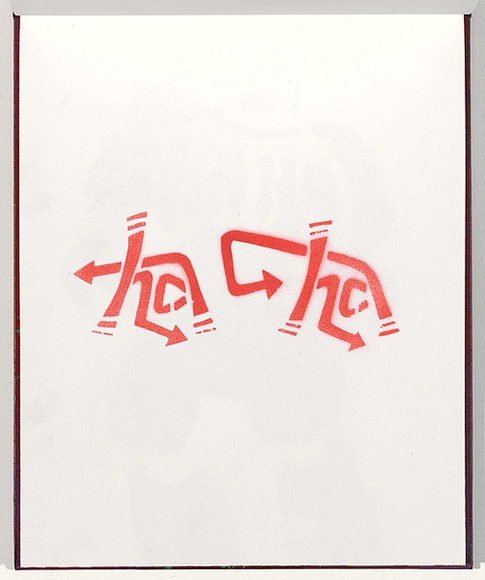 Title: b'Derailed' | Date: 2003 | Technique: b'stencil, printed in red aerosol paint, from one stencil'