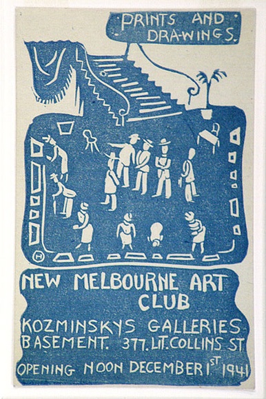 Artist: b'OGILVIE, Helen' | Title: b'Invitation: Prints and Drawings, New Melbourne Art Club, 1941' | Date: 1941 | Technique: b'linocut, printed in blue ink, from one block'