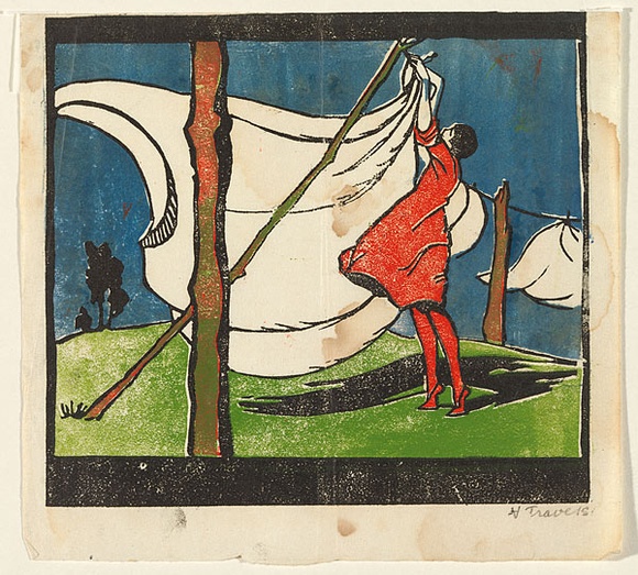 Artist: b'Travers, Hilda.' | Title: b'(Pegging out the washing)' | Date: c.1932 | Technique: b'linocut, printed in colour, from multiple blocks'