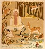 Artist: b'Palmer, Ethleen.' | Title: b'At peace that eve...' | Date: 1949 | Technique: b'screenprint, printed in colour, from multiple stencils'