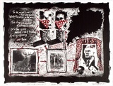 Artist: b'Lightfoot, Pippa.' | Title: b'Blot on the landscape III. Hawke at bay... (Power play)' | Date: 1991 | Technique: b'lithograph, printed in colour, from two stones (red and black)' | Copyright: b'\xc2\xa9 Pippa Lightfoot, artist'