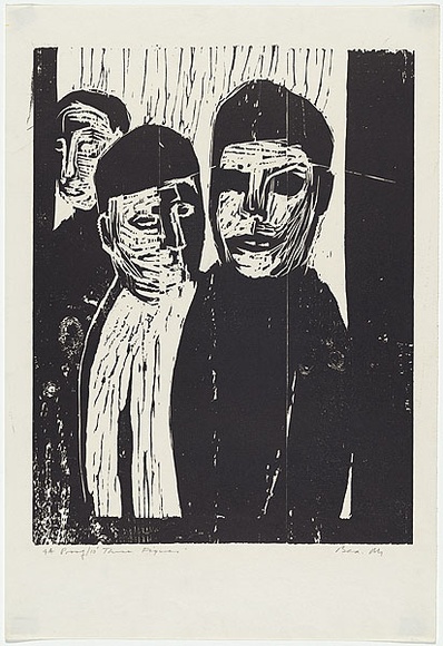 Artist: b'MADDOCK, Bea' | Title: b'Three figures' | Date: 1964 | Technique: b'woodcut, printed in black ink by hand-burnishing, from three joined pine blocks'