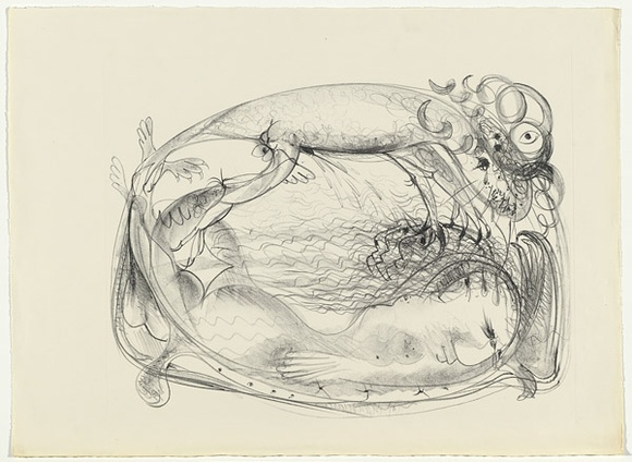 Artist: b'BOYD, Arthur' | Title: b'not titled [Nude female on sofa with beast].' | Date: 1960-70 | Technique: b'lithograph, printed in black ink, from one stone [or plate]' | Copyright: b'Reproduced with permission of Bundanon Trust'