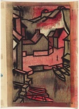 Title: b'Fishing village' | Date: 1950s-60s | Technique: b'lithograph, printed in black ink, from one stone; linocut, printed in colour, from multiple blocks'
