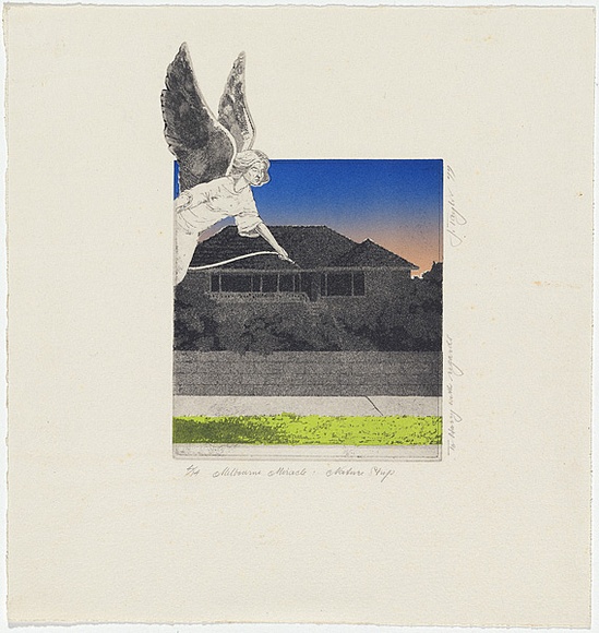 Artist: b'Taylor, James.' | Title: b'Melbourne mircale... Nature strip' | Date: 1977 | Technique: b'etching and aquatint, printed in colour'