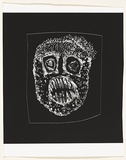 Title: not titled [wide-eyed and bearing teeth] | Date: c.1993 | Technique: cliché-verre, printed in black, from hand-drawn negative